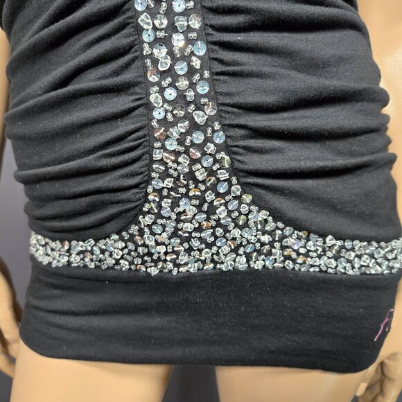 Y2K Trashy Mcbling Halter Top Size S Black Sequin Beaded Ruched Sleeveless - Picture 3 of 9